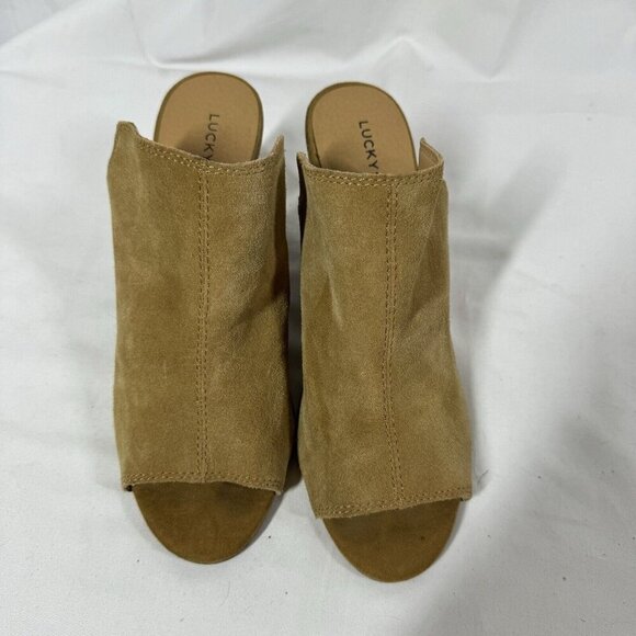 Lucky Brand Reygan Anthropologie Camel Tan Suede Leather Sandal Wedge Clog 9.5‎ - Picture 1 of 5